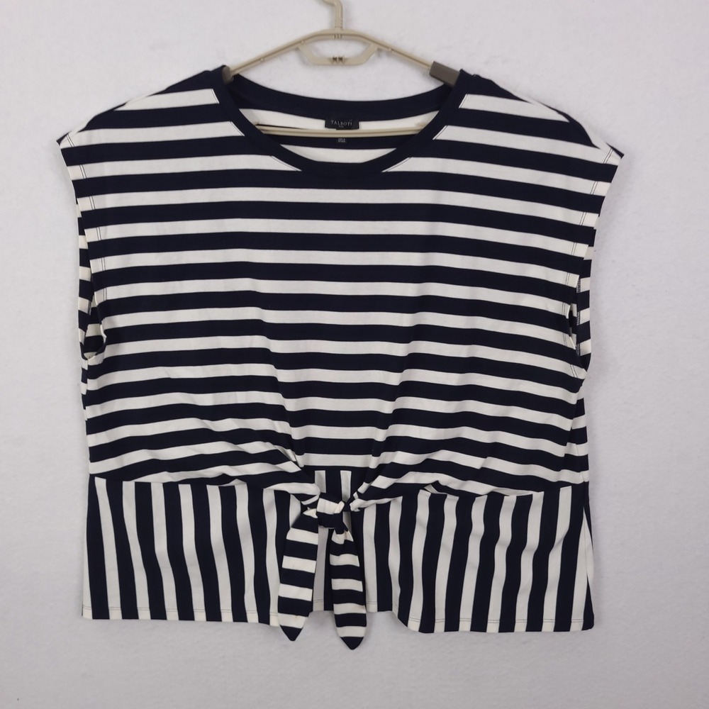 Talbots Plus Striped Tie Front Top Womens Plus 3X Navy White Cotton Short Sleeve
